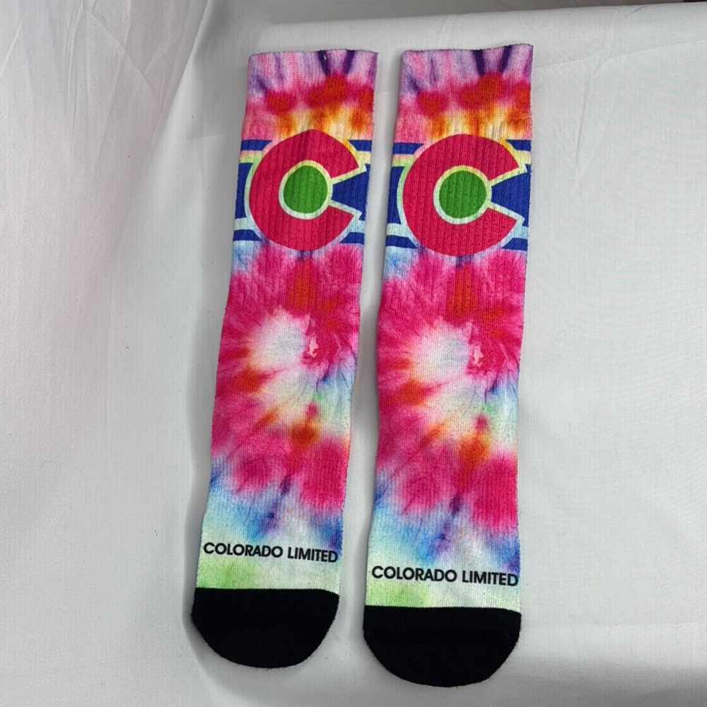 Colorado Limited Mid Calf Tie-Dye Socks, Pink Blue, Green and orange.